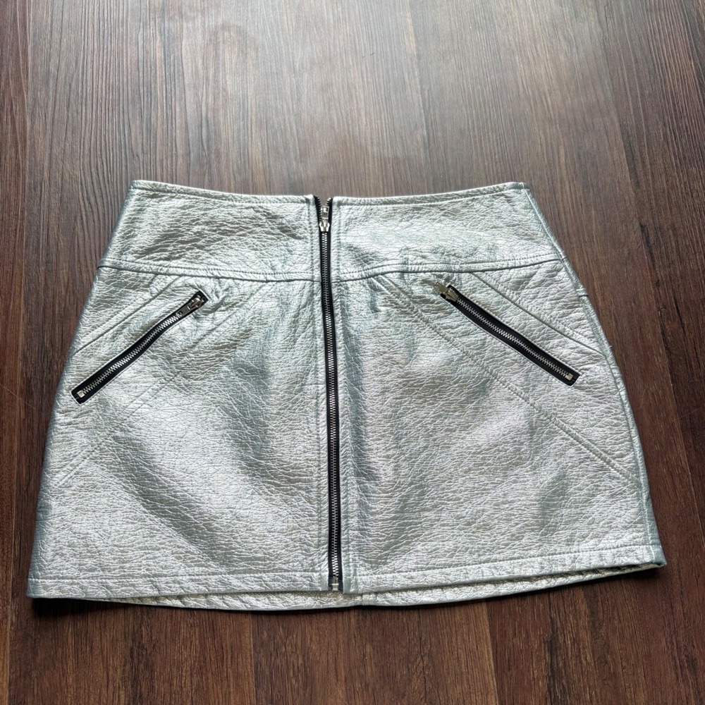 Biker Rave Edit By Nine Metallic Silver Faux Leather Zip Front Mini Skirt M Edgy
